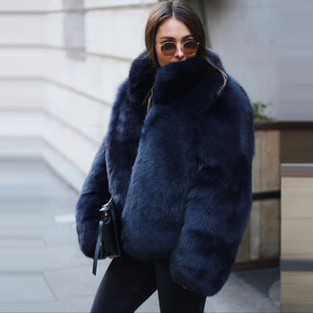 Navy Blue Genuine Fox Fur Coat